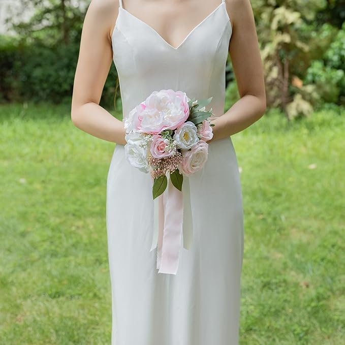 ponatia Blush Pink Wedding Bouquets for Bride Bridesmaid, Ivory Artificial Roses Flowers for Wedding Bouquets Ceremony, Anniversary