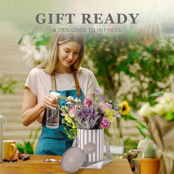 Striped Flower Hat Box 2 Pack | Round Flower Boxes for Arrangements | Satin Ribbon Handle & Waterproof Liner | Gift Box for Flowers with Lids