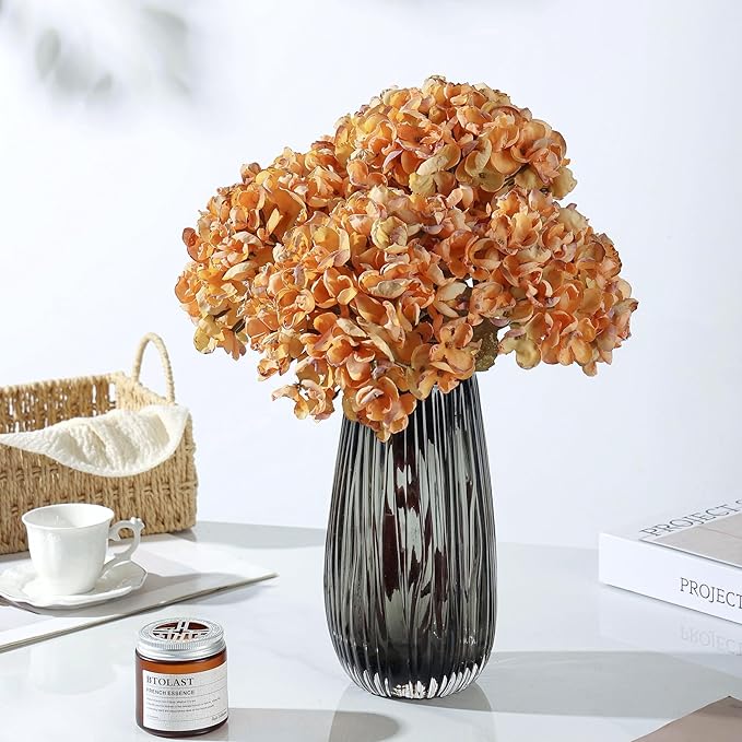 Fall Artificial Dried Hydrangea Flowers, Vintage Orange Dried Look, Faux Fall Flowers, Single Stem (Orange, 4pcs)