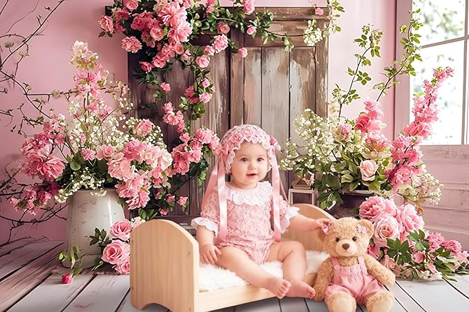 AOTOFO 7x5ft Rustic Wood Floral Backdrop for Baby Shower Newborn Studio Picture Photography Wooden Door Pink Flower Wall Background Wedding Bridal Shower Birthday Party Photoshoot Booth Banner