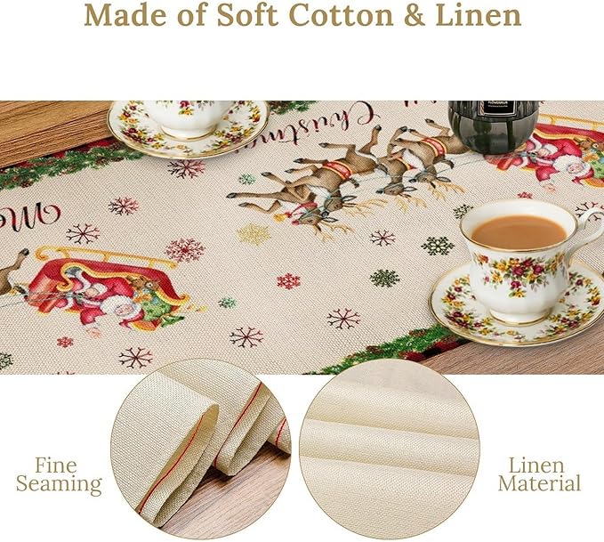 Christmas Table Runner,Xmas Deer Cute Santa Claus Red Plaid Pattern Printed Tablecloth Burlap for Hotel Indoors Outdoor Dining Room Kitchen Home Decor,W13X L36 in