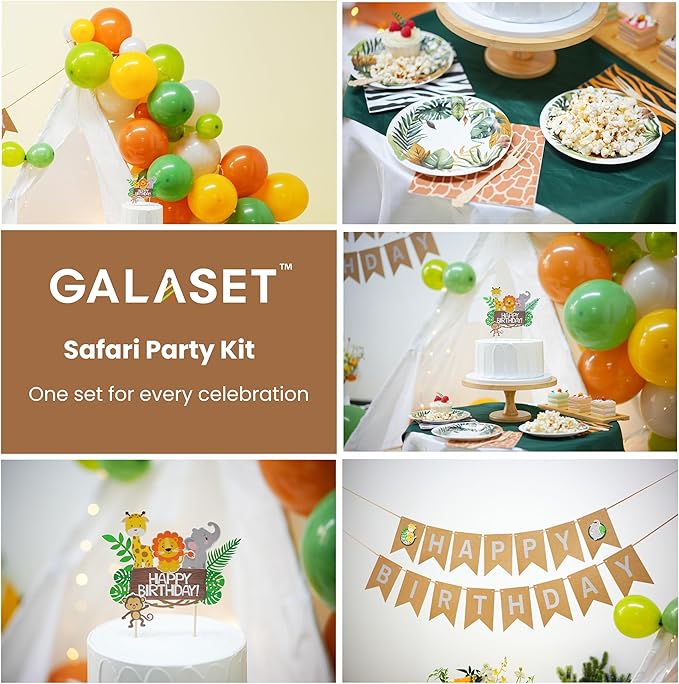 127 PCS Safari Birthday Decorations – Includes Safari Balloon Arch Kit, Pump, Cake Topper, Plates, Napkins, Bamboo Forks, and Banner – Animal Birthday Party Decorations for Boys, Girls, Serves 20