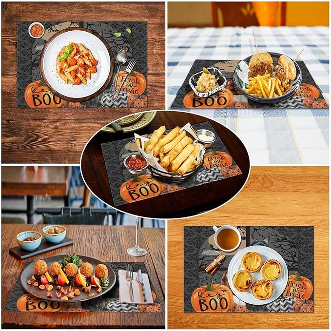 Boo Black Cat Pumpkins Halloween Placemats Gothic Dark Damask Bat Spider Web Dark Forest Funny Pumpkin Placemats Table Kitchen Dining Party 12x18 Inch Set of 6