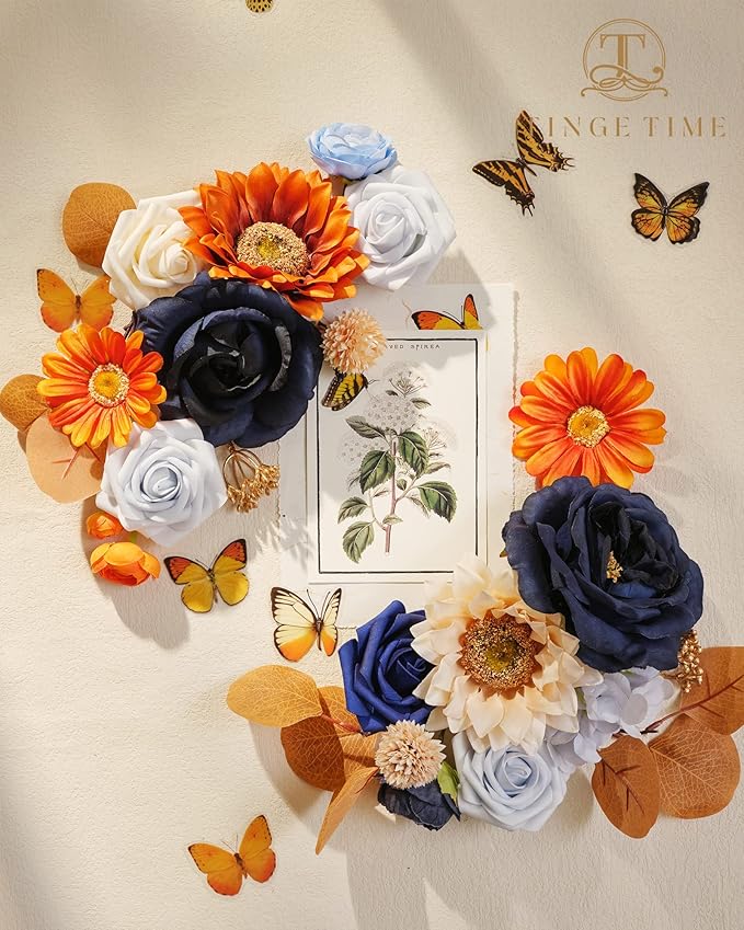 TINGE TIME Artificial Flowers Burnt Orange & Navy Blue Flower Combo for DIY Wedding Bouquets Table Centerpieces Arrangements Party Baby Shower Home Fall Decorations