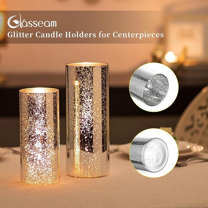 Silver Mercury Glass Cylinder Vase: Set of 12 Glasseam Floating Candle Vases for Centerpieces Deocrative Modern Vase for Flowers Hurricane Pillar Candle Holders for Table Centerpiece Wedding Decor
