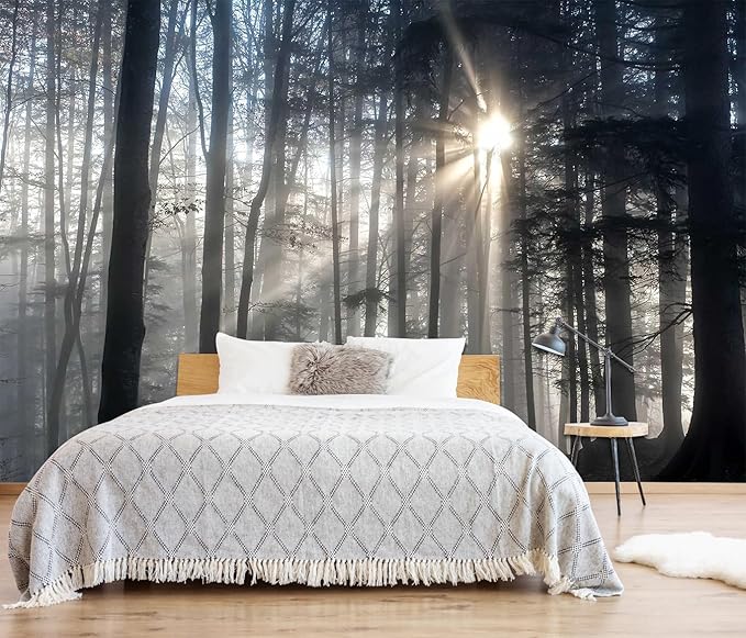 Misty Forest Mysterious Sunrise Mural, Forest Wallpaper Decorative Painting for Living Room, Bedroom, Dining Room Decoration（Non-self-Adhesive）