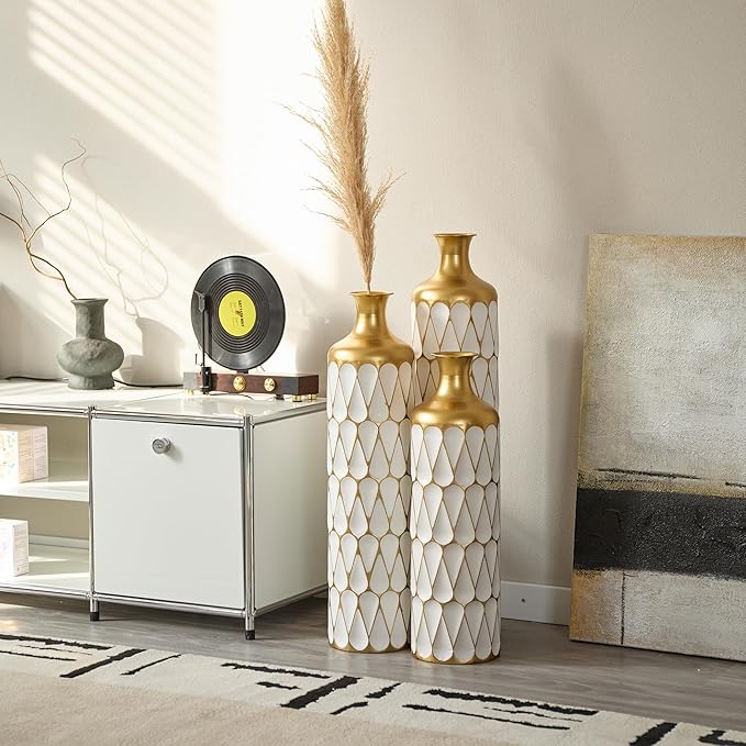 Floor Oversized Gold Metal Decorative Vase with 3D Triangle Pattern Set of 3 Large Vases for Home Living Room 33.5 ", 29.5 ", 25.2" High (Gold+Antique White)
