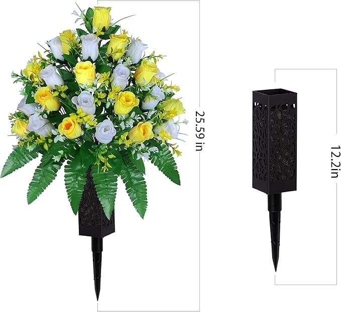 Artificial Cemetery Flowers, Gravesite Decoration Roses, Memorial Bouquets with Cemetery Vase, Vibrant and Long-Lasting Colors (Yellow+White, 2 Bundles)