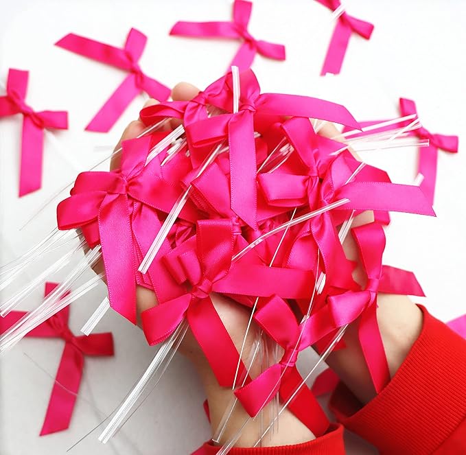 50 PCS 3 Inch Twist Bows for Treat Bags, Satin Twist Tie Bows, Pre Tied Bows with Wire, Ribbon Bows with Twist Ties, Bow Ties for Gift Bags, Popcorn Bags, Cookie Bags, Party Favors (Hot Pink)