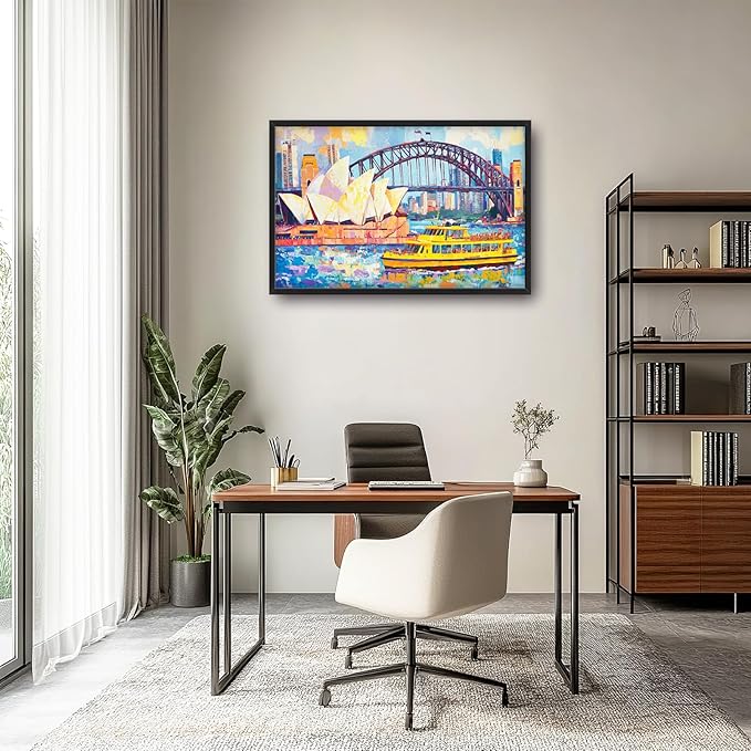Extra Large Sydney Opera House Framed Wall Art for Living Room,Oversized Abstract Harbour Bridge Cityscape Pictures Wall Decor,Canvas Print Painting Modern Artwork Bedroom Office Bathroom 36L x 24W
