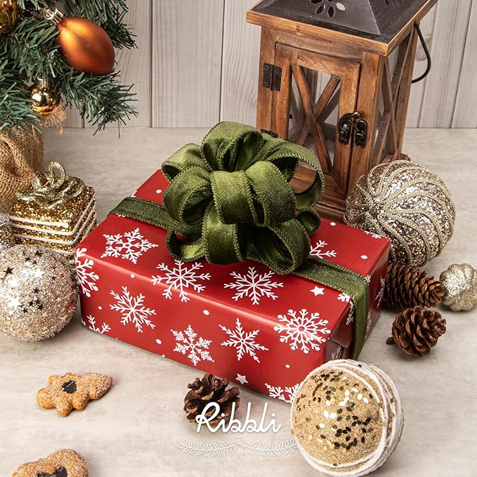 Ribbli Moss Green Velvet Wired Ribbon 1 Inch Velvet with Satin Christmas Ribbon for Gift Wrapping Christmas Tree Decoration Crafts Wreaths Supplies-Continuous 10 Yards