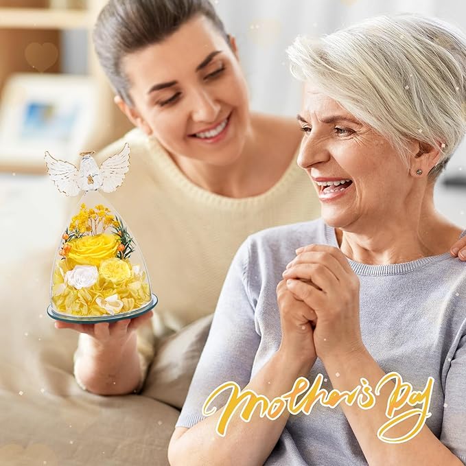 FIACO Gifts for Women Preserved Rose Forever Flower in Glass Angel Figurine Fresh Flowers for Delivery Mothers Day Birthday Gifts for Mom Grandma Wife Sister Yellow