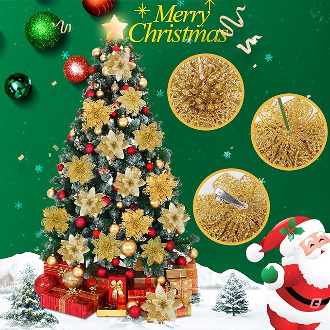 RECUTMS 66 Pcs 3 Styles Christmas Glitter Poinsettia Flowers Artificial Berry Picks Christmas Tree Ornaments Artificial Christmas Flowers with Clips for Xmas Wedding Wreath Floral Decorations (Gold)