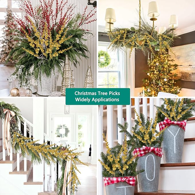 Oairse 8 Pcs Christmas Tree Picks and Sprays Gold Glitter Christmas Picks 25.6" Christmas Glitter Eucalyptus Leaves Stems for Christmas Tree Filler Branches Wreaths Centerpieces Holiday Decorations