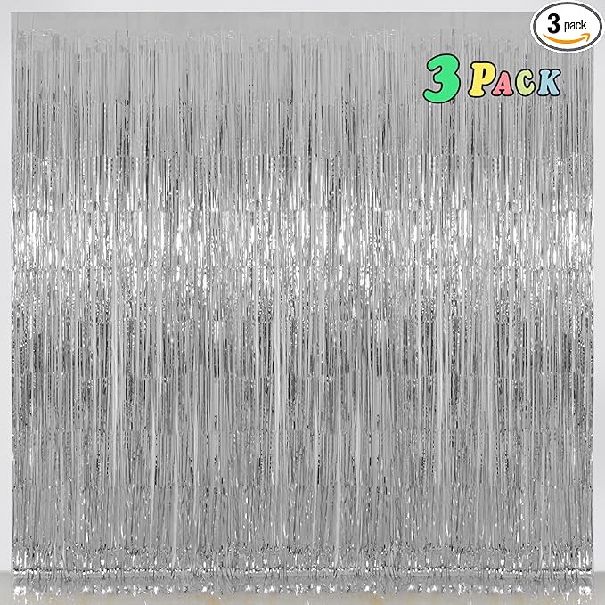 Foil Fringe Curtains Christmas Decorations - Melsan 3 Pack 3.2 x 8.2 ft Tinsel Curtain Party Photo Backdrop for Birthday Party Baby Shower or Graduation Decorations (Pure Silver)