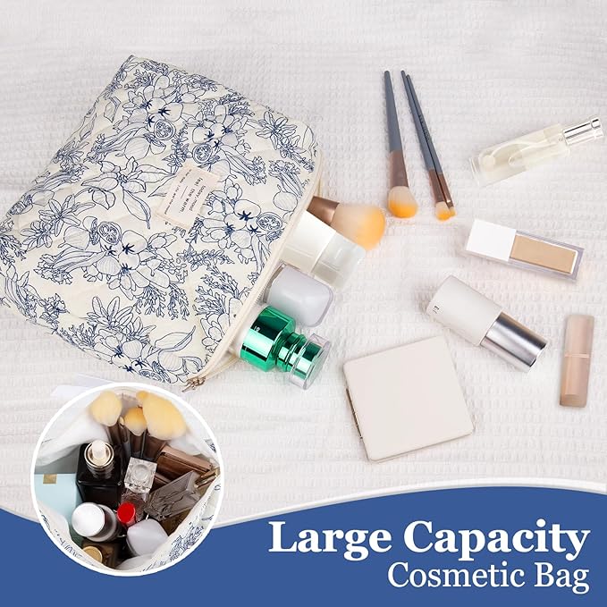 2PC Makeup Bag Set, Cute Cosmetic Bag for Women Girls, Floral Coquette Aesthetic Toiletry Bag, Travel Make Up Organizer Bag (Blue Rose)