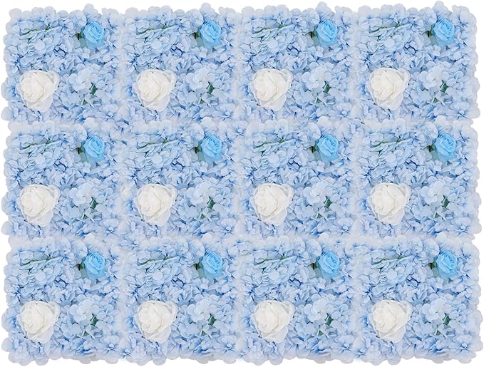 12Pcs Artificial Flower Wall Panel 3D Floral Backdrop Walls15 X 15" Flower Wall Decor Panel Flower Backdrop for Party Home Background Decor, Blue & White