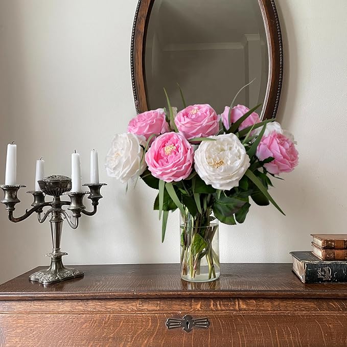 YalzoneMet 3.5'' Big Bloom White Rose Artificial Flowers 4Pcs Real Touch Rose Faux 17.7 Inch Long Stem Austen Roses Peonies Fake Flowers for Home Kitchen Party Christmas Flower Wedding Decor