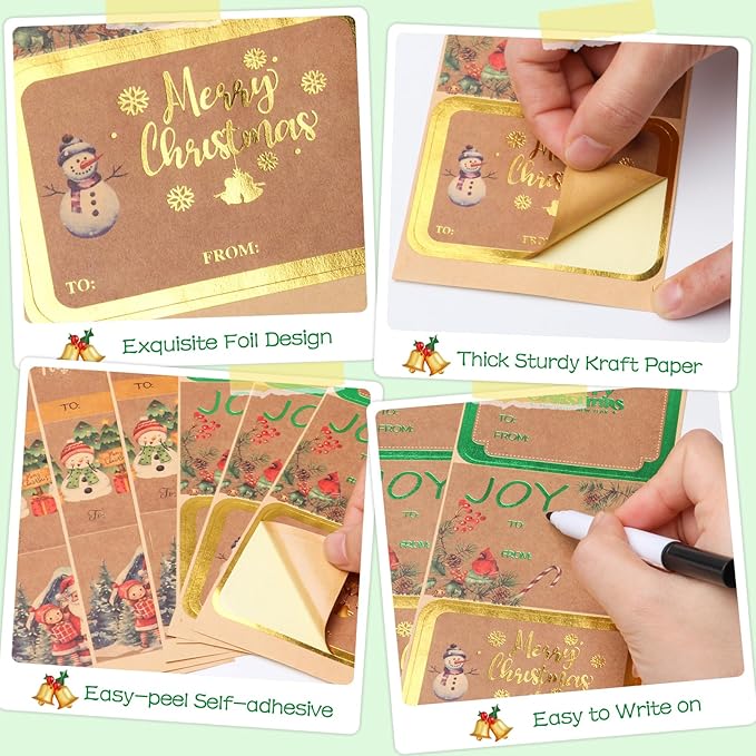 AuroTrends Jumbo Christmas Name Tags Stickers 80 Pcs/8 Designs- Kraft Name Tags for Christmas Presents Christmas Tags Stickers with Relective Metallic Foil