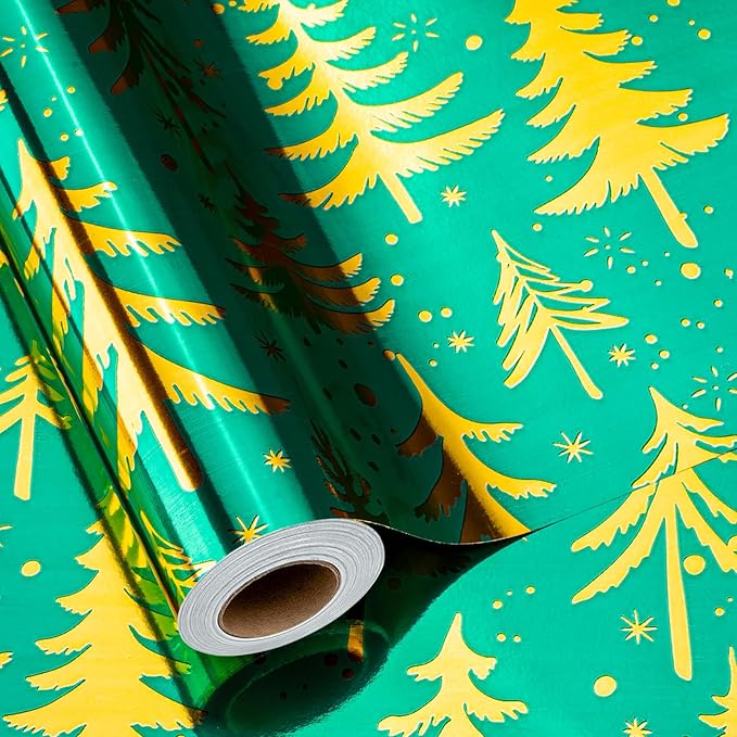 MAYPLUSS Vintage Green Christmas Wrapping Paper Roll - 17 Inch X 33 Feet - Metallic Gold Foil Christmas Tree On Green Flat Wrap Paper Sheet for Holiday, Winter, Party, DIY Crafts & Festive Decoration