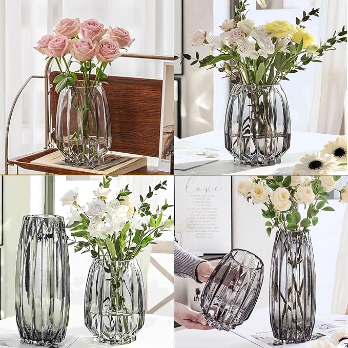 Flower Vase,7.8 inch,GIDARY Thickened Clear Ribbed Glass Vase for Bookshelf,Dinner Table,Indoor Office Desktop,Meeting Room,Home Christmas Day Decoration