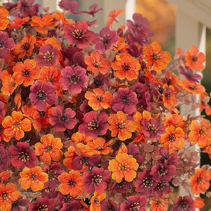 Fall Mums Artificial Flowers for Outdoors Potted, 12 Bundles Fake Fall Daisy Flower with Realistic Eucalyptus Leaves, Fake Plants for Greenery Boxwood Porch Patio Garden Pot Courtyard Lawn