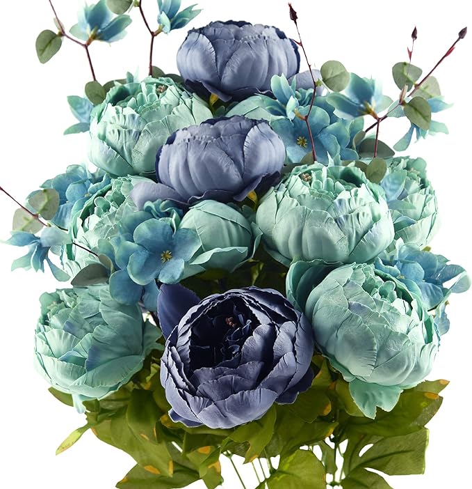 FiveSeasonStuff Vintage Artificial Peonies Silk Peony Flowers and Hydrangeas for Wedding Bridal Home Décor – Beautiful Floral Centerpiece Arrangement Decoration with 2 Bouquets (Mixed Blue)