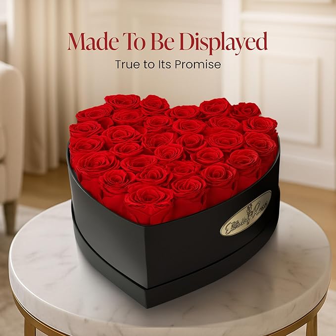 The Eternity Rose 30-Piece Preserved Roses in a Luxury Gift Box – Real Roses in Heart Black Box – A Valentine’s Gift as Everlasting as Your Love