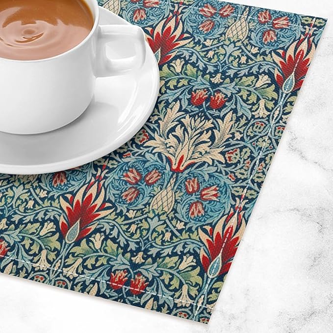 Vintage Flower Placemats William Morris Rural Farmhouse Flowers Art Printed Dining Table Mats Set of 4 for Home Kitchen Holiday Picnic Party Decor 12x18in