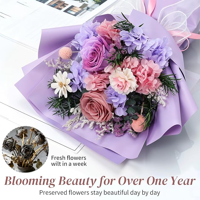 Lewondr Flower for Delivery, Preserved Flowers Bouquet, Purple Rose Bouquet, Real Long-Lasting Forever Birthday Flowers Gifts for Mom Grandma Wife Women Mothers Day Anniversary Christmas, Pink-Purple