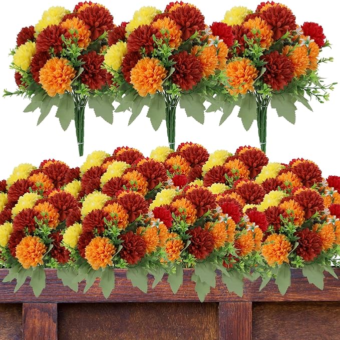 12 Pack with 84 Flower Heads Artificial Chrysanthemum Flowers, Fall Floral Decor for Indoor Outdoor, Porch, Patio, Front Yard, Planters