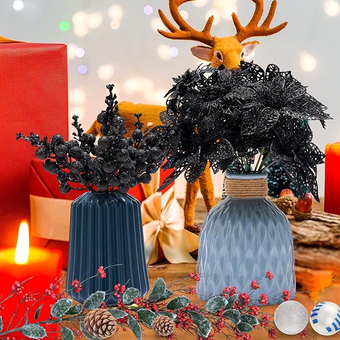 Zhuqing 22Pcs Christmas Poinsettia Artificial Flowers and Glitter Berries Stems Kit, 16Pcs Christmas Tree Flowers Ornaments and 6 Pack Christmas Tree Picks for Wedding Holiday Decorations (Black)