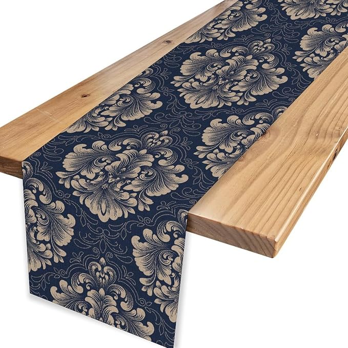 Vintage Damask Table Runner, Blue Classical Luxury Old Fashioned Damask Royal Victorian Flora Print Table Center Decor for Family Kitchen Table Decorations Indoor Outdoor 13x108 inch