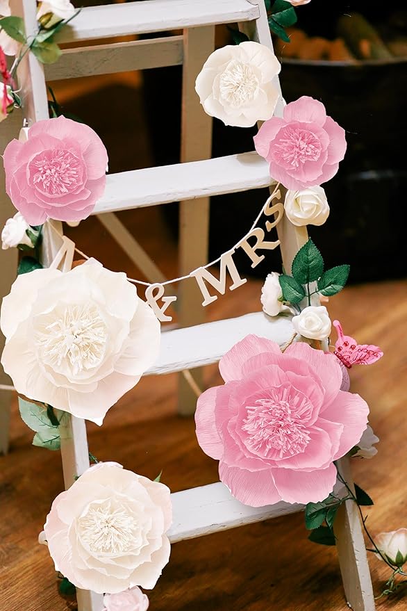 Crepe Paper Flowers Decoration for Wall, Flowers for Wedding Decor,Flower Backdrop Decor,Baby Shower,Birthday Party,Photo Backdrop,Archway Decor, Nursery Wall Decor (White+Pink ;Set/6)