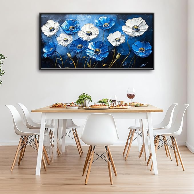 Poppy Large Wall Art Framed Blue Flower Wall Decor for Living Room, Poppies Pictures Oversized Canvas Print Painting Modern Extra Large Framed Artwork for Bedroom Office Home Decor 60"x30"