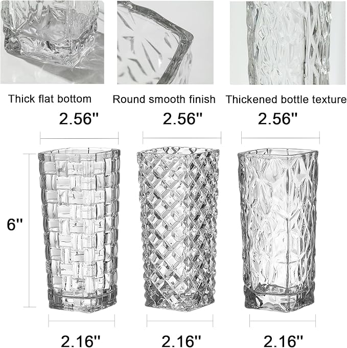 Clear Glass Vase for Flowers Esmiome Square Embossed Rectangle 6in High Glass Bud Vases Small Vase for Flowers Plant Terrarium Candle Holder Water Glasses for Wedding Centerpiece Office Table,IcePlate