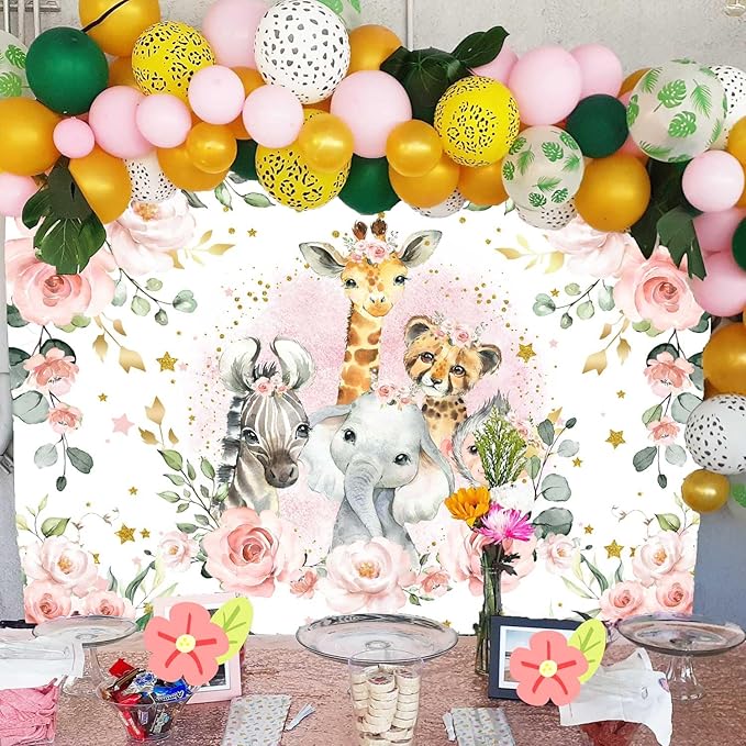 Sensfun Jungle Safari Baby Shower Backdrop It's A Girl Pink Floral Zoo Animals Baby Shower Party Decorations Wild One Birthday Photography Background Cake Table Banner Supplies (8x6ft)