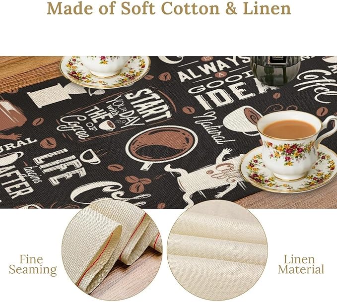 Coffee Theme Table Runner Coffee Time Retro Black Dress Scarves Farmhouse Dinner Runner for Kitchen Dining Coffee Table Decoration Cabin Home Holiday Party 13x108in