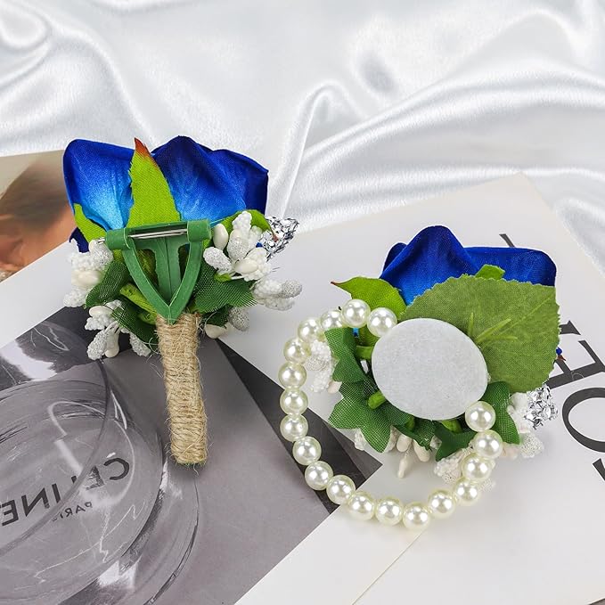 SITUMEIZI 2Pcs Blue Corsage and Boutonniere Set,Corsage Wristlet for Prom Decor,Boutonniere for Men Wedding Flowers Accessories Party Suit Decoration(Athens Blue)