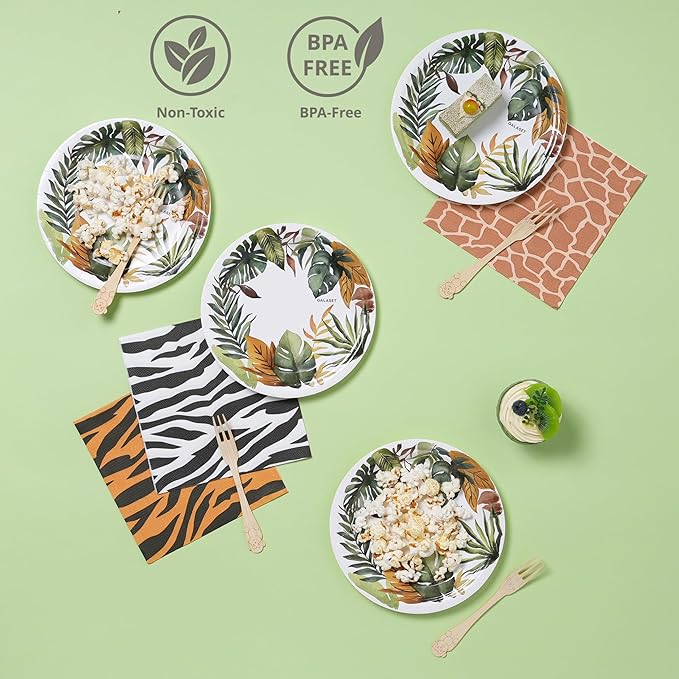 127 PCS Safari Birthday Decorations – Includes Safari Balloon Arch Kit, Pump, Cake Topper, Plates, Napkins, Bamboo Forks, and Banner – Animal Birthday Party Decorations for Boys, Girls, Serves 20
