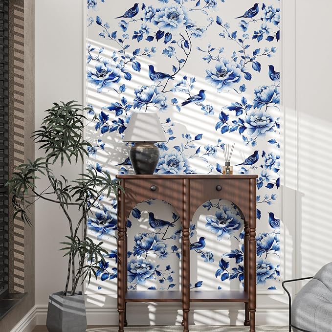 Blue Bird Wallpaper Peel and Stick, Vintage Floral Contact Paper 17.5in x32.8ft Modern Wall Mural Boho Wall Paper Self Adhesive Removable Waterproof for Bathroom Bedroom Cabinet Drawer Kitchen Decor
