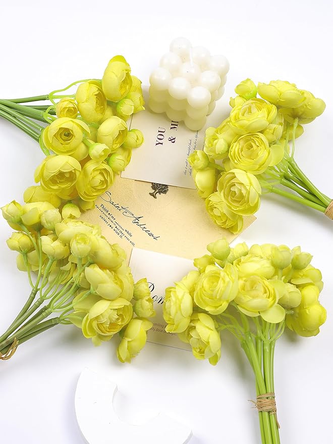 Meldel 32Pcs Ranunculus Artificial Flower Mini Rose, Faux Yellow Ranunculus Flowers for DIY Bouquet, Bulk Fake Peony Wedding Filler Flowers for Centerpieces Arrangements Bridal Shower Decorations