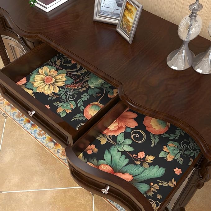 Vibrant Floral Peel and Stick Wallpaper Vintage,Boho Colorful Contact Paper,Peel Stick Cabinet,Wallpaper for Bedroom Bathroom Wall Removable Dark Black 17.5 x 118In