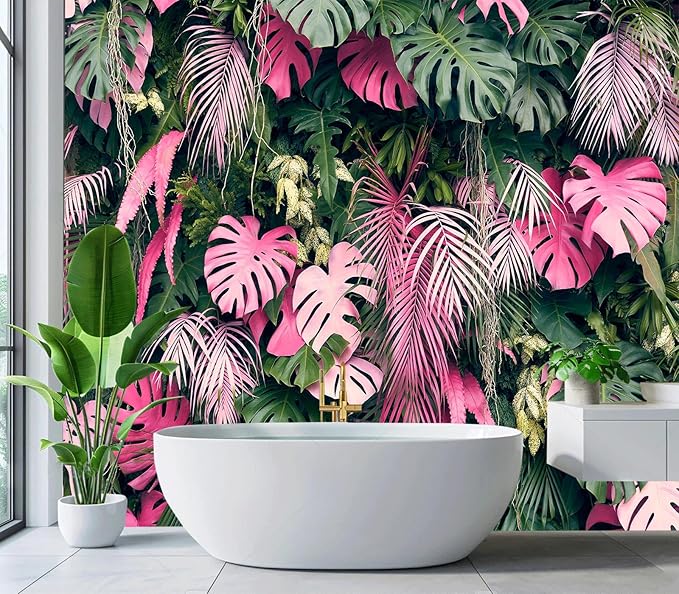 Cliouar-Leaves Green and Pink, Tropical Plants,Wall Mural Wallpaper Peel and Stick 137" x 102"