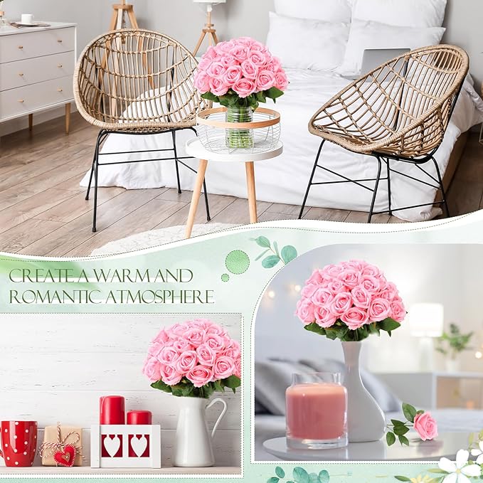 Hotop 120 Pcs Roses Artificial Flowers in Bulk,Long Stem Artificial Flower Bouquet,Silk Real Touch Fake Rose for Wedding Party Table Centerpieces Decor Valentines Gifts(Pink)