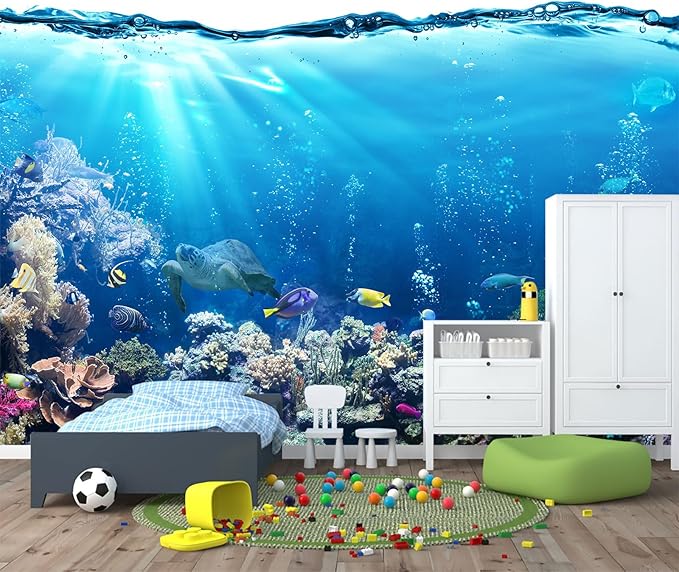 Blue Ocean Wallpaper Peel and Stick Underwater Animal World Self Adhesive Wall Mural for Kids Room Nursery 157"x108"