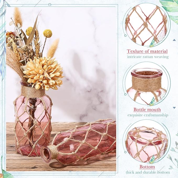 Chuangdi Set of 2 Coastal Glass Vases for Flower Small Flower Vase with Boho Rope Wrapping Beach Decorative Bottle for Coastal Nautical Table Centerpiece Wedding Floral Arrangement Decor(Pink)