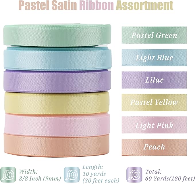 Pastel Ribbon for Crafts Pastel Rainbow Ribbon 3/8" Double Face Satin 6 Rolls Assortment Thin for Gift Wrapping,Wedding Party Decorations - 60Yards