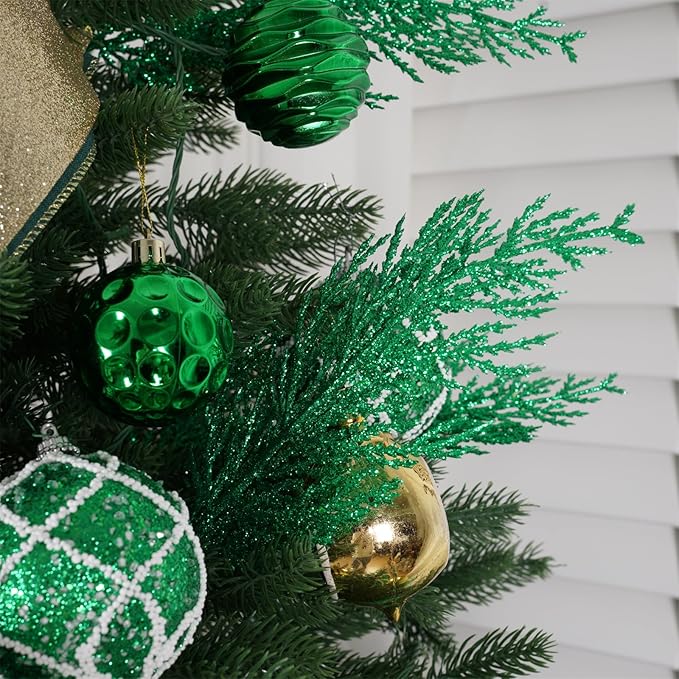 Christmas Glitter Stems 24pcs Artificial Pine Tree Picks for Christmas Tree Ornaments fillers, DIY Xmas Wreath, Crafts, Garland, Holiday, Party, Wedding and Home Decoration (Green)