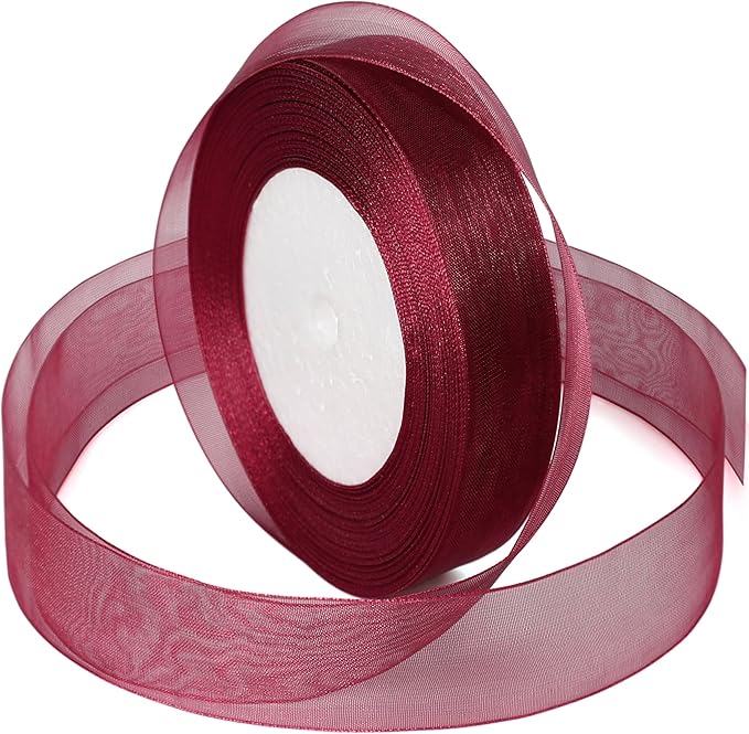 Burgundy Ribbon for Gift Wrapping, 1 inch 50Yard Sheer Organza Tulle Ribbon, Wine Red Gifts Wrap Chiffon Ribbons for Christmas, Mothers Day, Crafts, Flower Bouquet, Wedding, Valentines Day